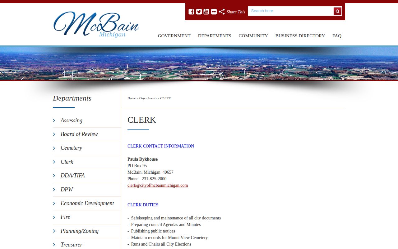 McBain City Clerk page with municipal records information